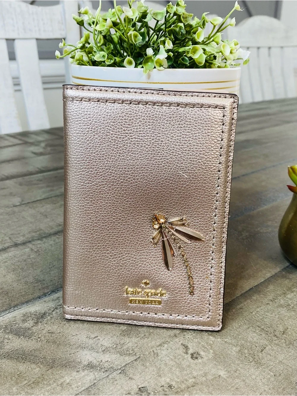 Kate Spade New York Imogene Dragonfly Passport Case Rose Gold Metallic